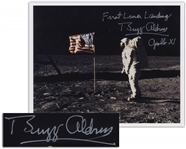 Buzz Aldrin Signed 10 x 8 First Lunar Landing Photo -- Aldrin Stands in Front of the U.S. Flag on the Moon
